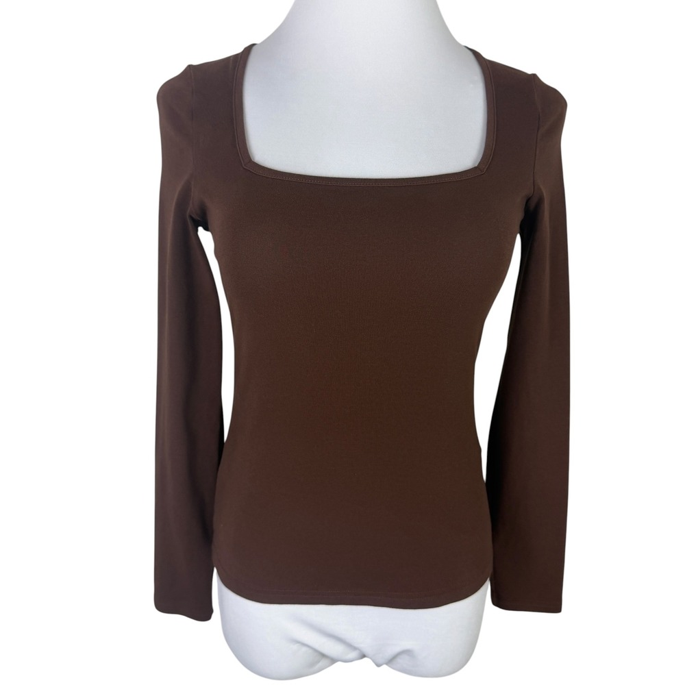 Shein Women's Large Brown Square Neck Long Sleeve Top Slim Fit Shirt